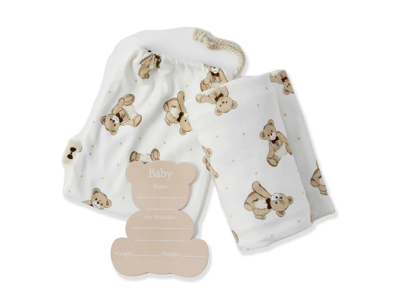 2pc Notting Hill Bear Baby Cotton Swaddle Jersey Wrap & Arrival Card w/ Bag