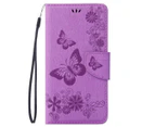 For iPhone SE 5G (2022), SE (2020) / 8 / 7 Wallet Case,Butterflies Embossed Leather Cover,Purple