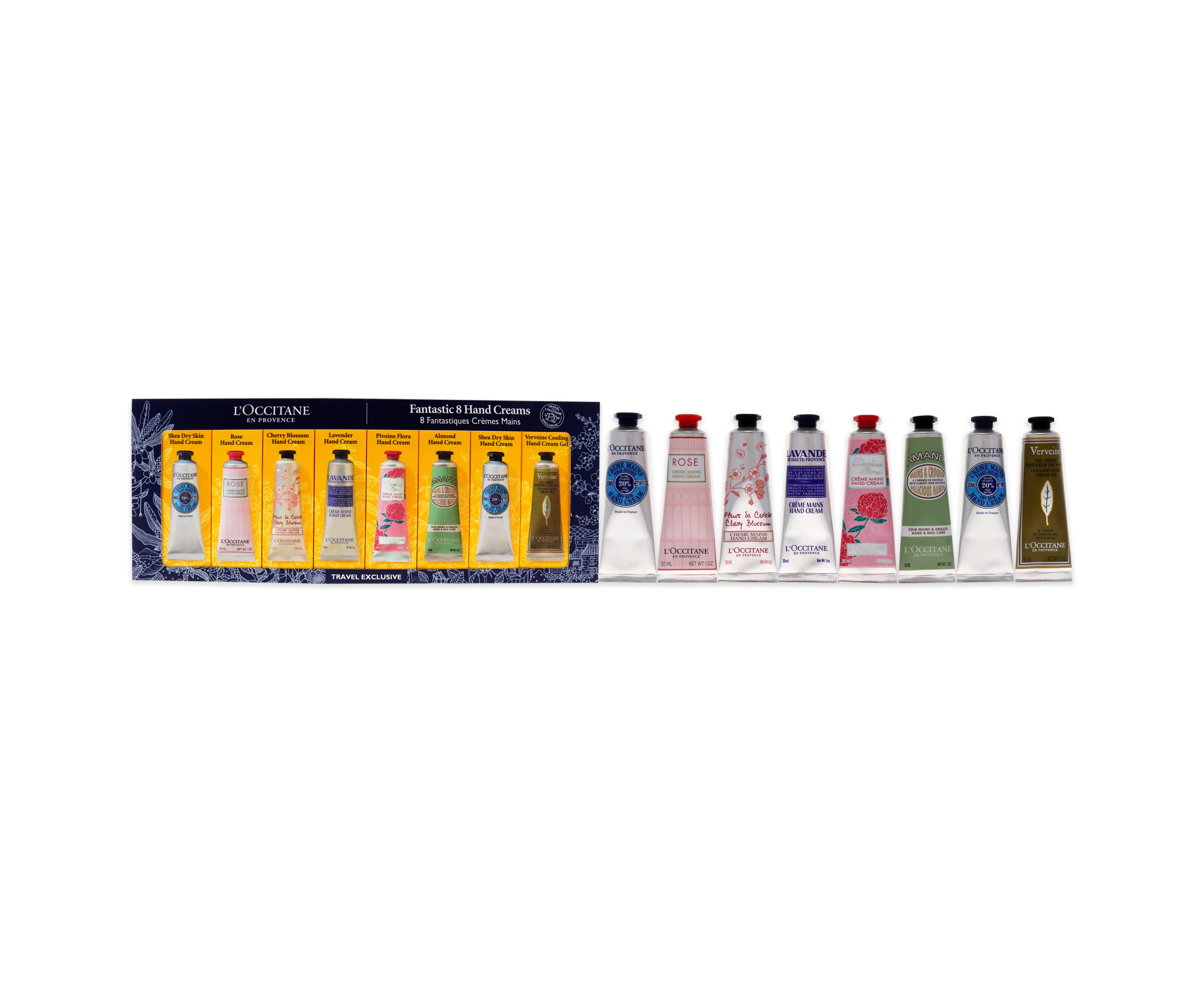 Fantastic 8 Hand Creams Kit by LOccitane for Unisex - 8 x 1 oz Shea Dry Skin, Rose, Cherry Blossom, Lavender, Pivoine Flora, Almond, Verveine Cooling Ha...