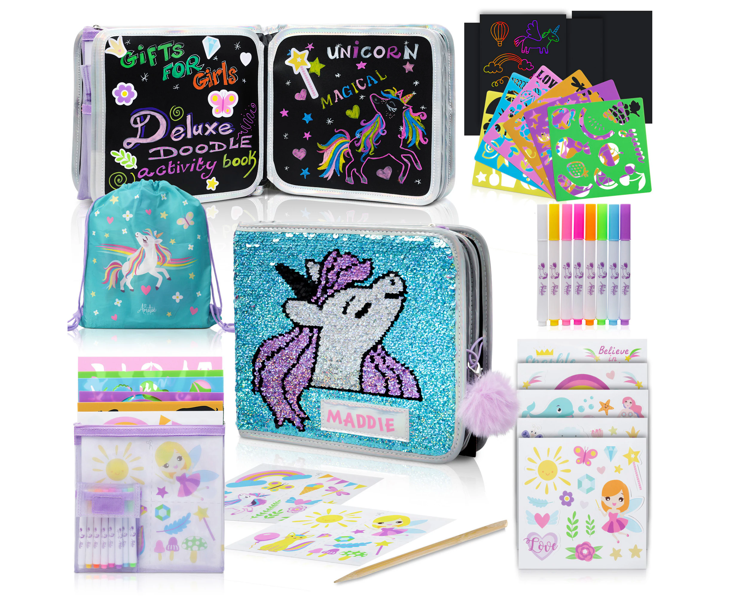 Amitié Lane Erasable Doodle Book Set – Unicorn Gifts For Girls, Airplane / Car Travel Essentials Kids, Incl. Stencils, Stickers, Scratch Paper