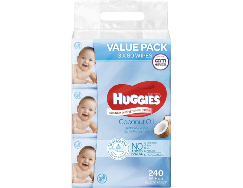 240 Huggies Baby Wipes Lightly Fragranced Coconut Oil - 3X80 pk