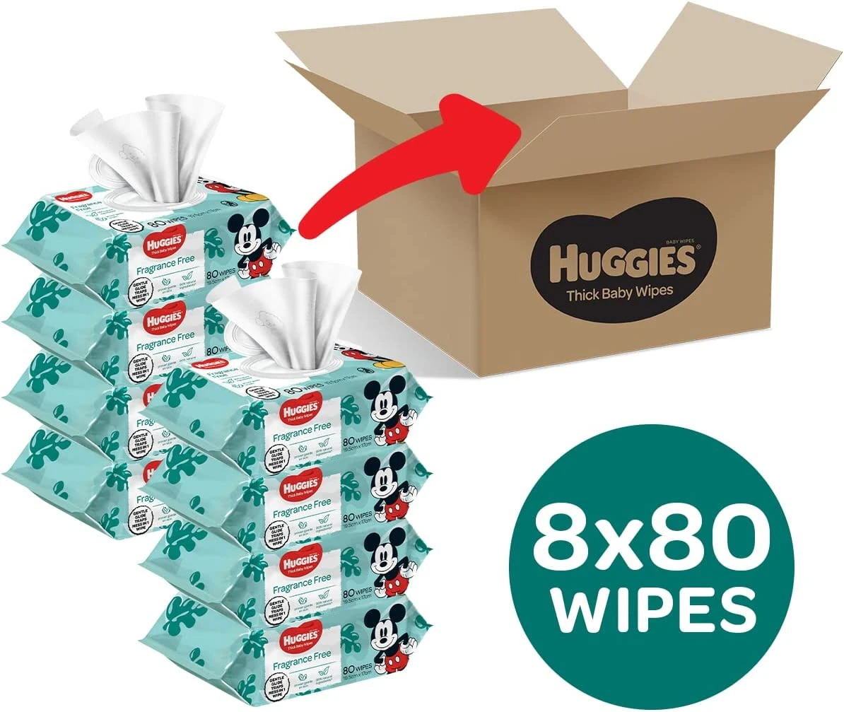 640 Huggies Thick Baby Wipes Fragrance Free- 8x80pk