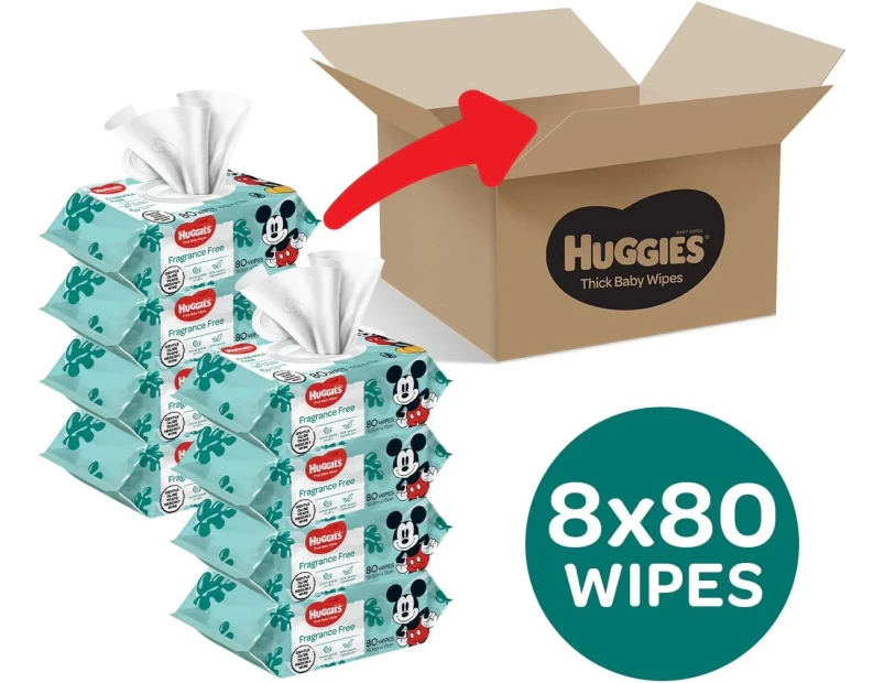 640 Huggies Thick Baby Wipes Fragrance Free- 8x80pk
