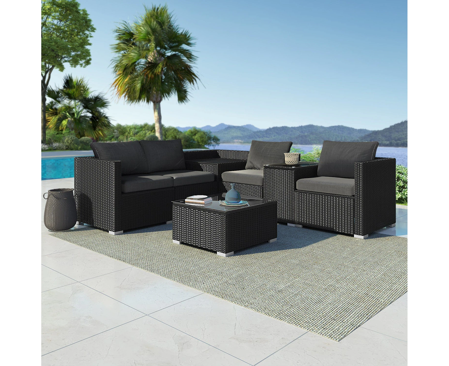 7PC Outdoor Wicker Loveseat Setting with Storage Corner (Black)