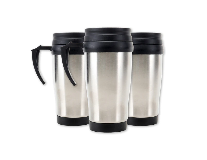 Home Master 3PCE Travel Mug Stainless Steel Spill Proof Hot Cold 400ml - Stainless Steel- Silver