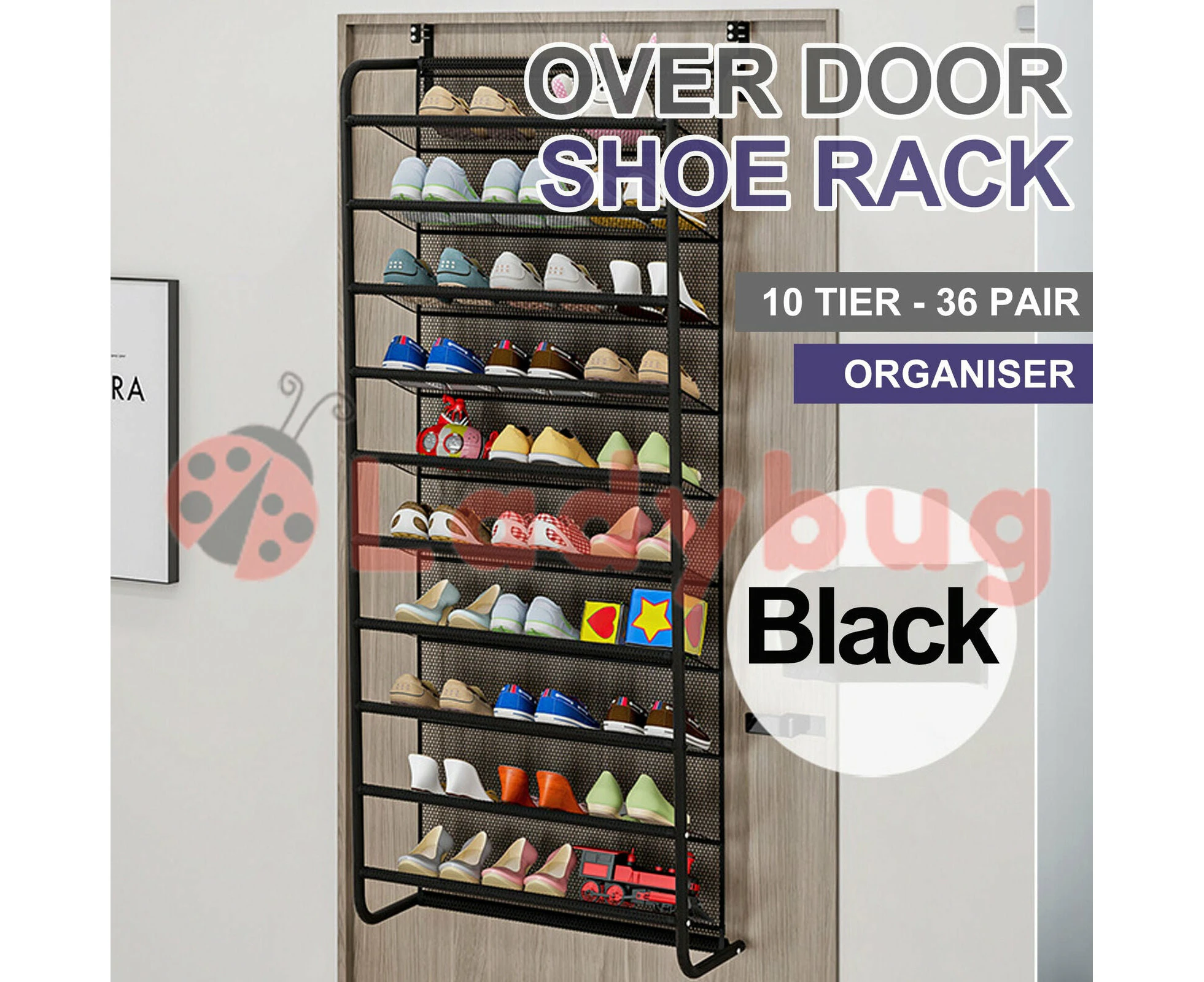 10 Tier 36 Pair Over The Door Shoe Organiser Hanging Shoe Storage Shelf Black