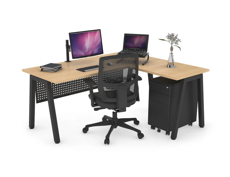 Quadro A Leg L-Shaped Corner Office Desk [1800L x 1700W] - black leg, maple, black modesty