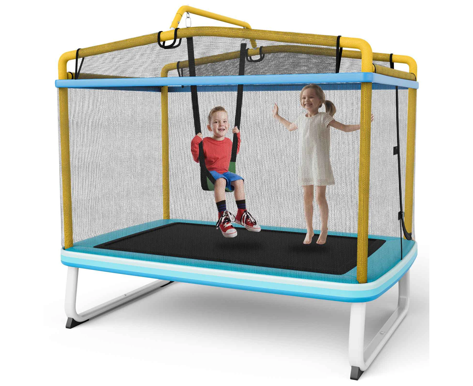 Costway 3-in-1 Trampoline/Swing/Horizontal Bar w/Enclosure security Net Pad Indoor Outdoor Jumping Fun Yellow