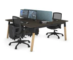 Quadro A Leg 2 Person Office Workstations - Wood Leg Cross Beam [1600L x 800W with Cable Scallop] - black leg, dark oak, blue echo panel (400H x 1600W)