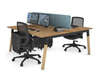 Quadro A Leg 2 Person Office Workstations - Wood Leg Cross Beam [1600L x 800W with Cable Scallop] - black leg, salvage oak, blue echo panel (400H x 1600W)