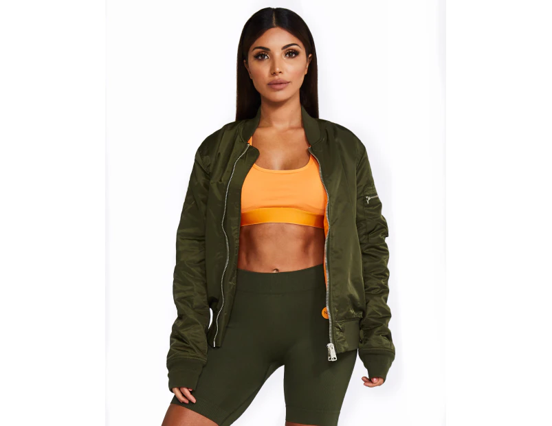 Women's Oversized Reversible Bomber Jacket Khaki and Orange