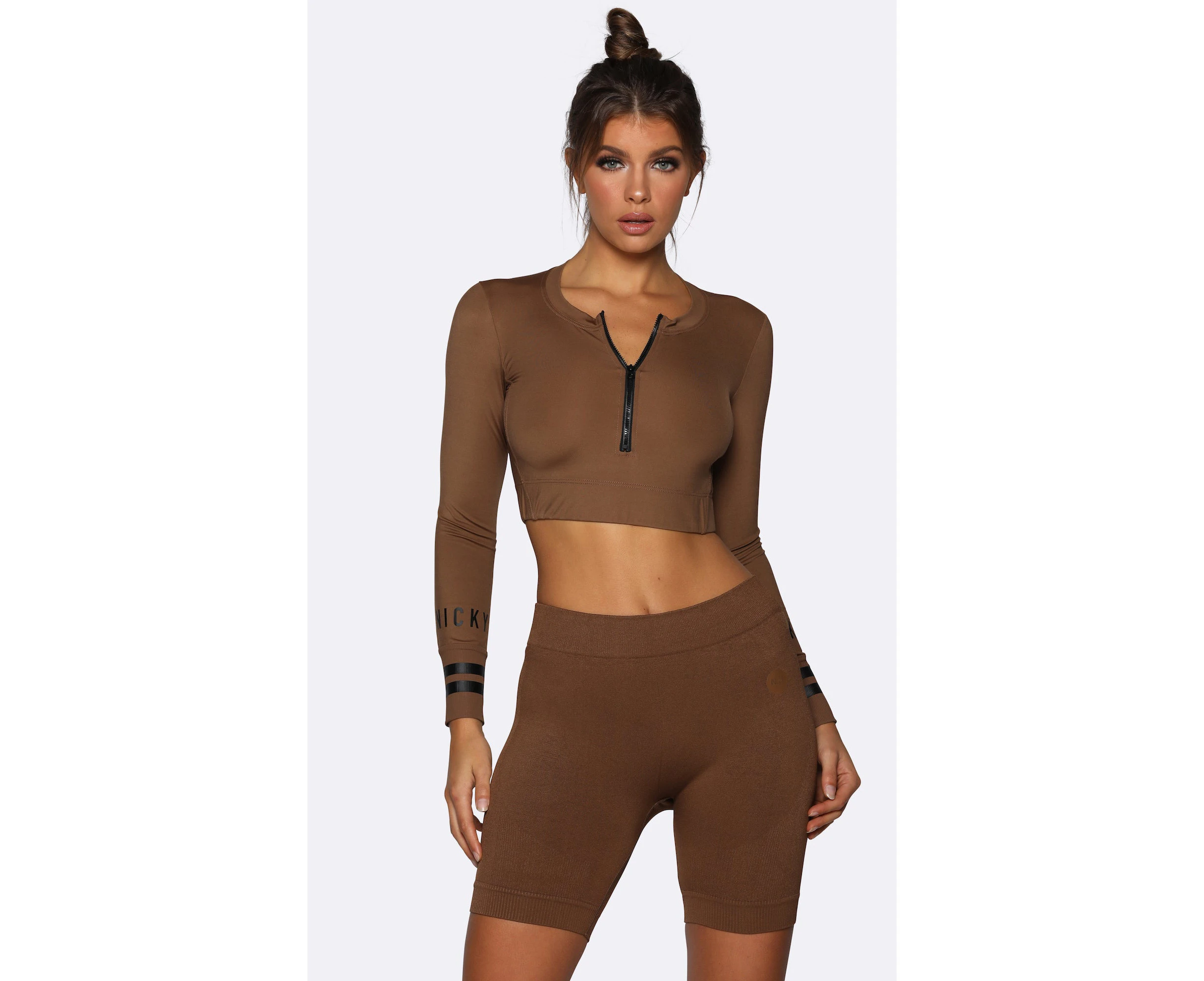 Women's Crop Top Long Sleeve Brown Zip