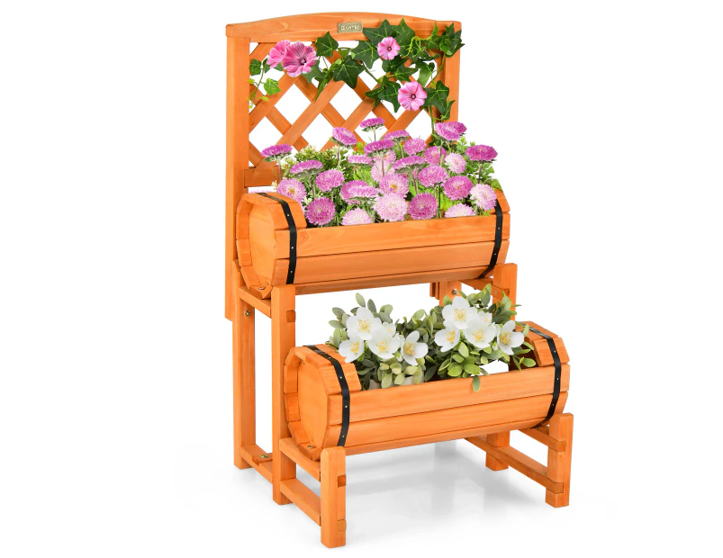 Giantex 2-Tier Wooden Raised Planter Garden Bed Container w/2 Cylindrical Planter Boxes& Trellis