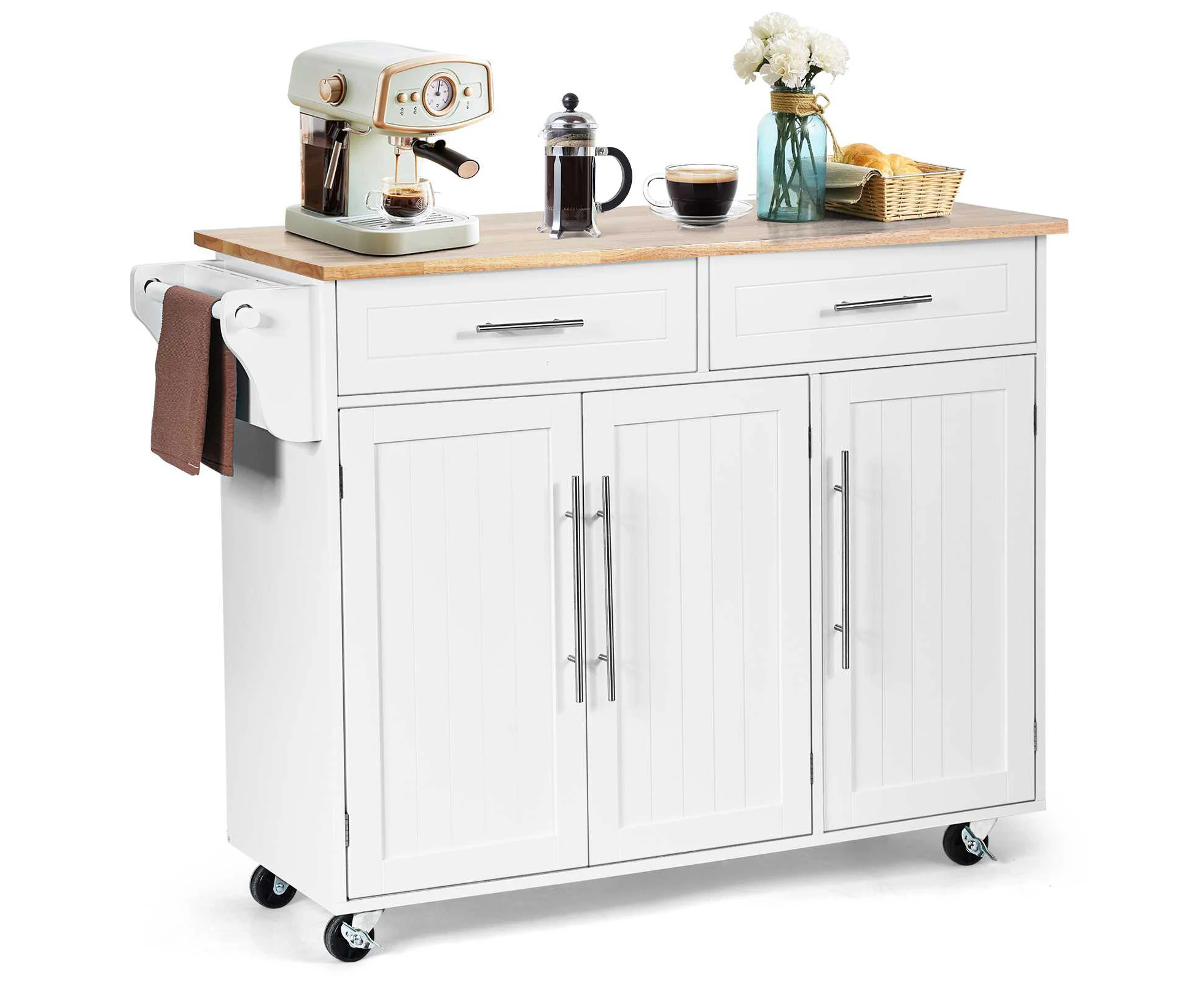 Giantex Mobile Kitchen Island Cart Storage Trolley w/Towel Bar & 2 Drawers Rubber Wood Top for Dining Room White