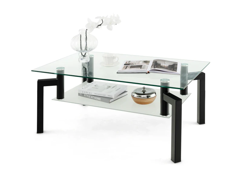 Giantex 2-Tier Tempered Glass Coffee Table Metal Frame Modern Center Table w/Frosted Glass Shelf