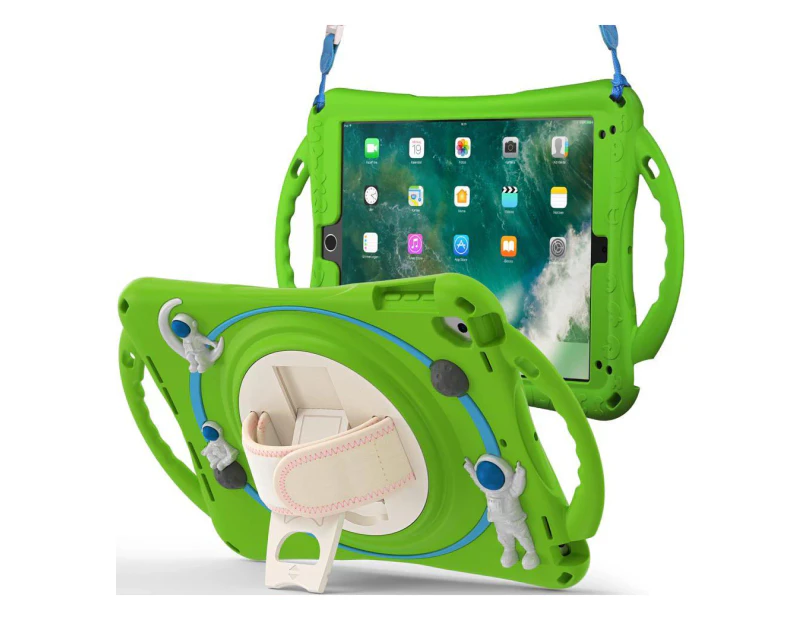Cute Case for iPad 6th 5th Generation 9.7 inch 2018 2017, iPad Air 2, Air 1, Pro 9.7, Shockproof Cover with Stand Shoulder Strap Pencil Holder Green