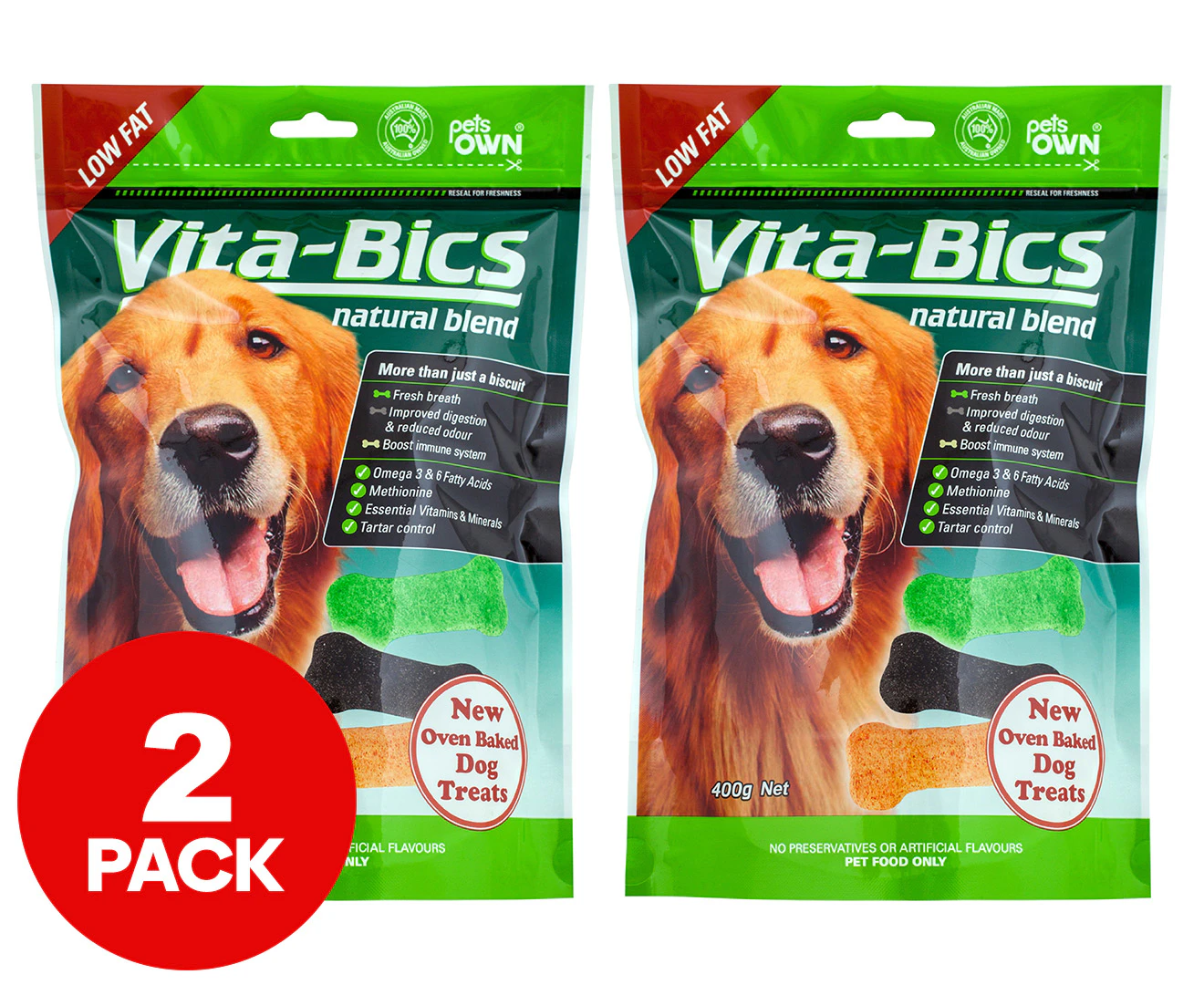 2 x Pets Own Vita-Bics Dog Biscuits Natural Blend 400g