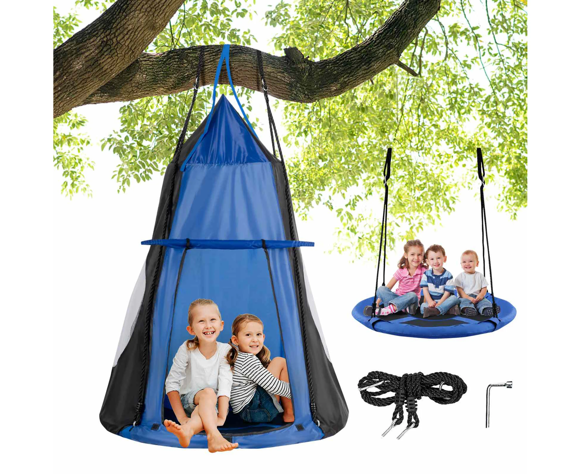 Costway 2 in 1 Tree Swing Hanging Tent Set Hammock Chair Indoor Outdoor Yard Play Equipment Blue