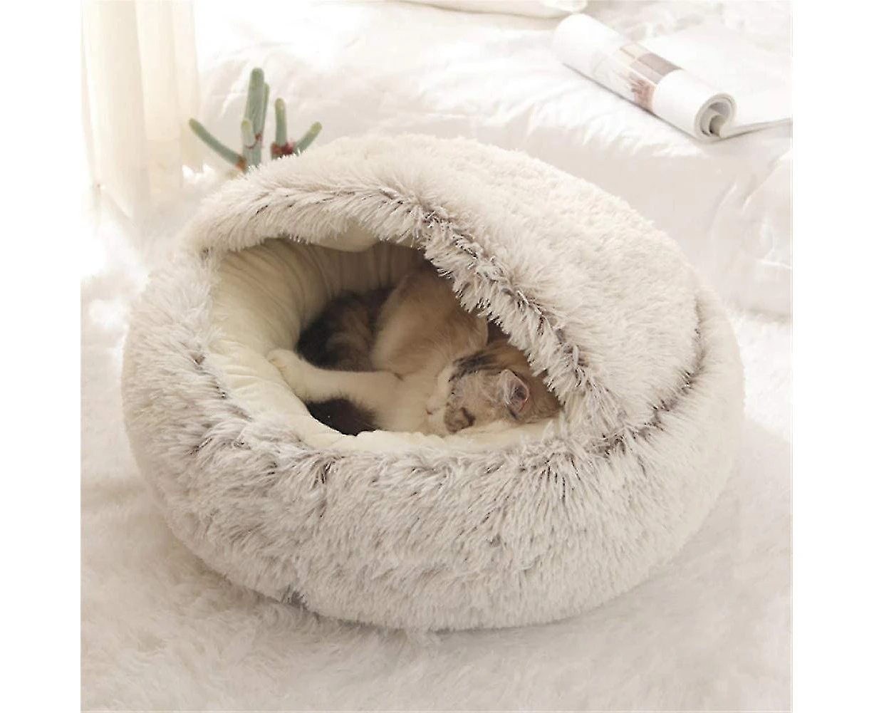 -Fluffy Cat Bed, Round, Soft Plush, Den With Hood, Cat Bed, For The Winter, Warm, Sleeping Pillow, Non-slip, Machine Washable, For Cats And Puppi