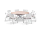 Tuscany Round 1.8m Outdoor Aluminium and Teak Dining Table with 8 Kansas Dining Chairs in Sunbrella - Outdoor Aluminium Dining Settings - White