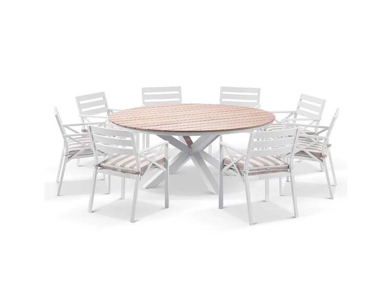 Tuscany Round 1.8m Outdoor Aluminium and Teak Dining Table with 8 Kansas Dining Chairs in Sunbrella