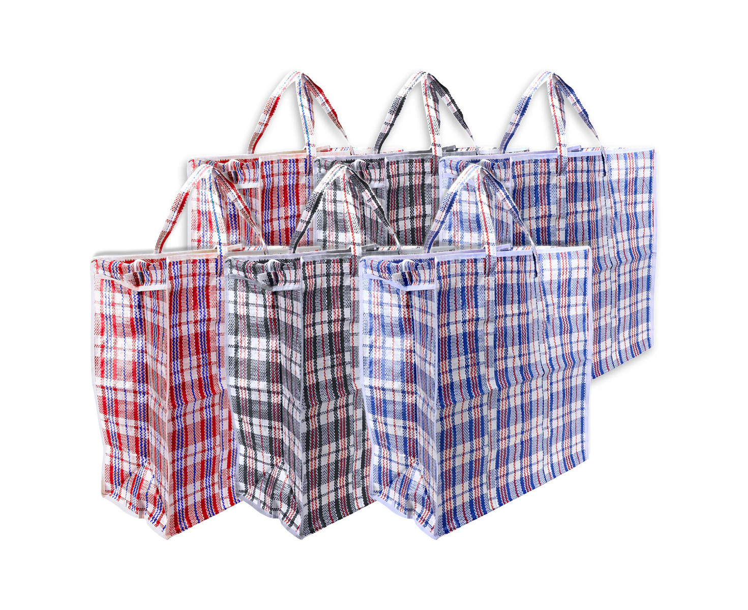 Home Master 6PK Shopping Bags Zip Top Strong Durable Tartan Design 53 x 49cm - Red, Black, Blue