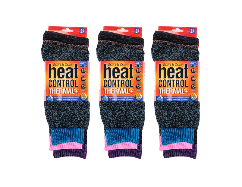 Heat Control 9 Pairs Women's Socks Thermal Crew Cut Deep Cushioning Warm Thick Size 6-10 - Purple