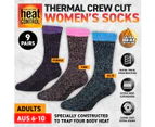 Heat Control 9 Pairs Women's Socks Thermal Crew Cut Deep Cushioning Warm Thick Size 6-10 - Purple