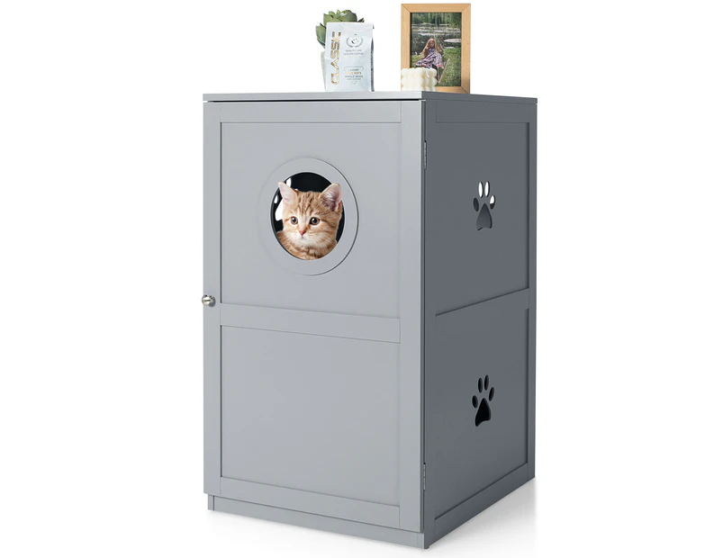 Costway 2-Tier Wood Cat Litter Storage Cabinet Enclosed Kitten Litter Box Pet Toilet Furniture Side Table Entryway Grey