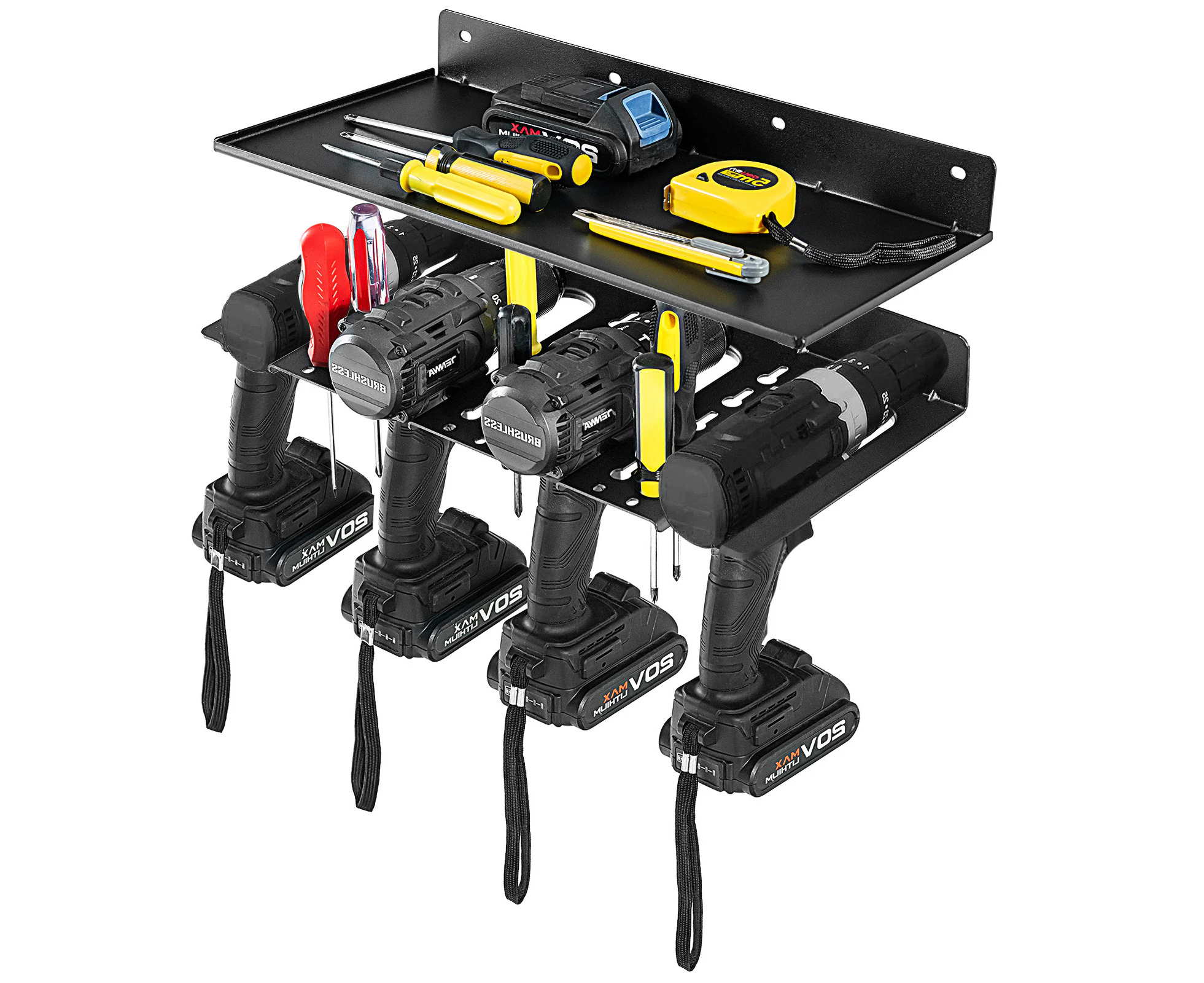 Costway 2PCs Tool Organizer Wall Mounted Tool Storage Shelf Hanger w/4 Slot Drill Holder Garage Workshop