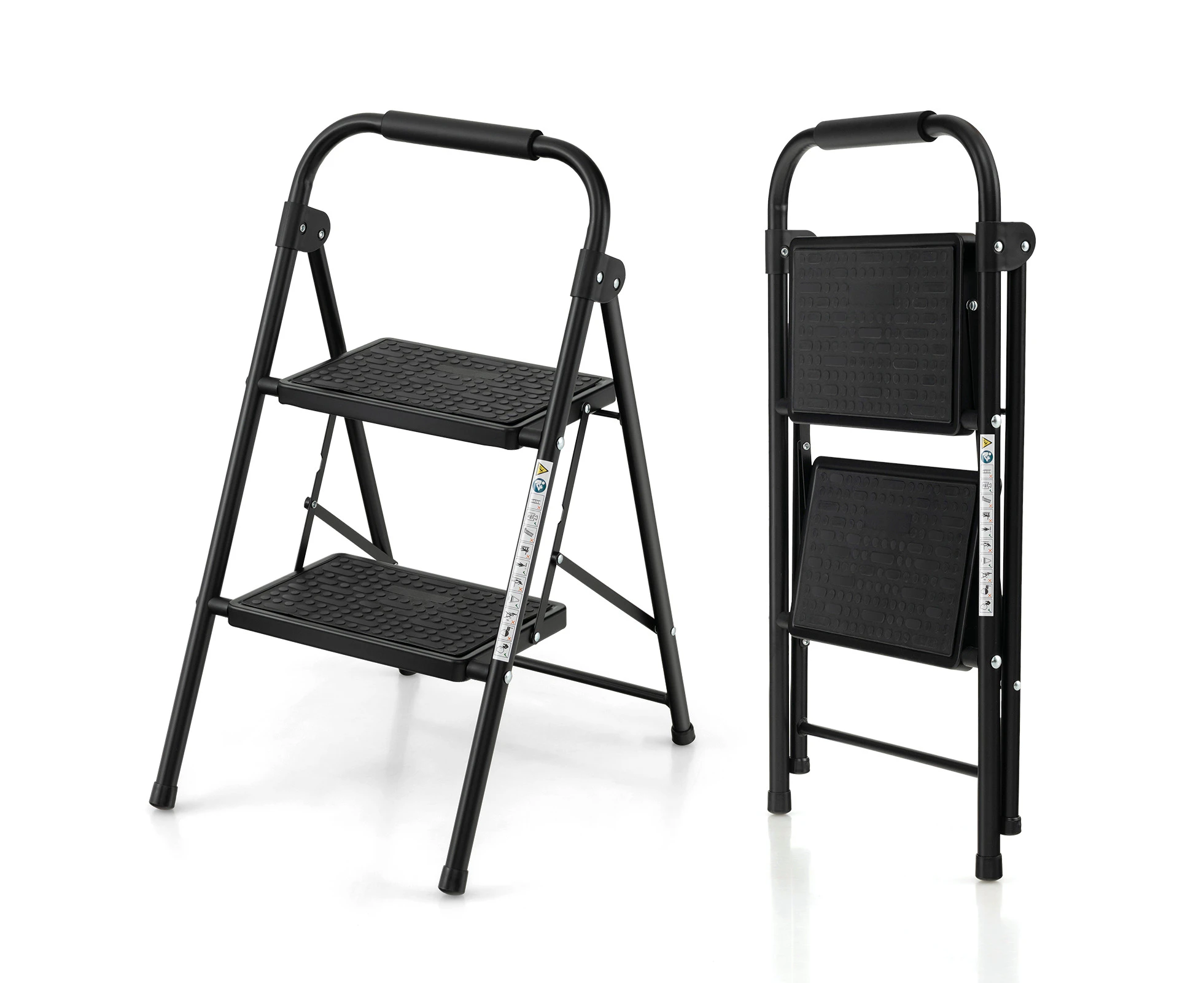 Costway 2-Step Folding Ladder Portable Stool Ladders Metal Heavy-Duty Stepladder 265kg Capacity Black