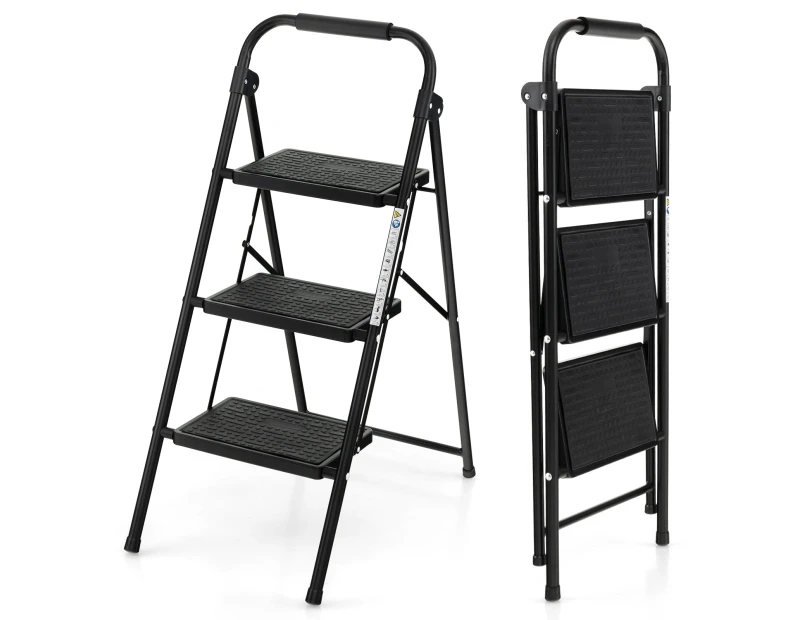 Costway 3-Step Folding Ladder Portable Stool Ladders Metal Heavy-Duty Stepladder 150kg Load Household w/Anti-Slip Pedal Handle Black