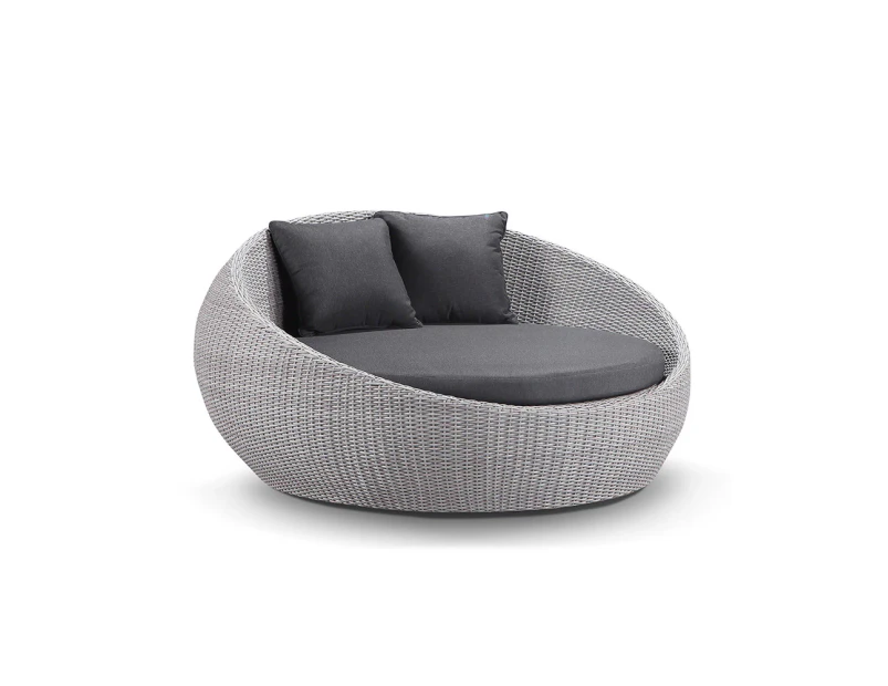 Outdoor Newport Outdoor Round Wicker Daybed Without Canopy - Kimberly - Outdoor Daybeds - Brushed Grey and Denim cushion