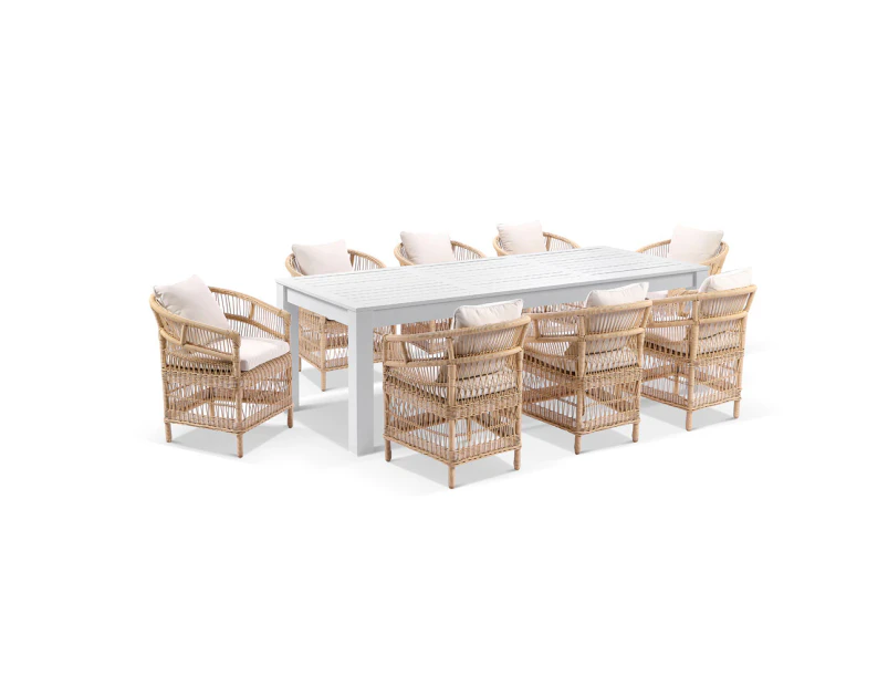 Outdoor Santorini 2.5 Outdoor Rectangle Aluminium Dining Table With 8 Malawi Chairs - Outdoor Aluminium Dining Settings - White Aluminium Table with Wheat Wicker Chairs