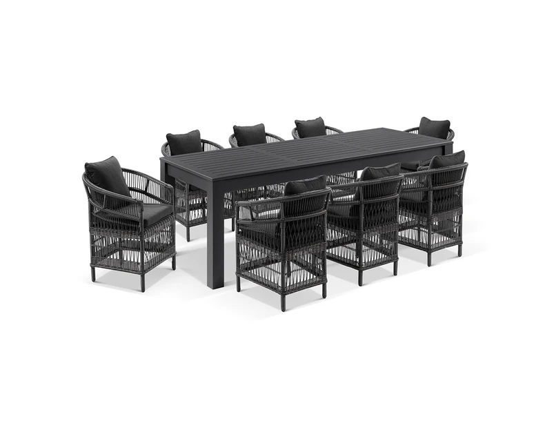 Santorini 2.5 Outdoor Rectangle Aluminium Dining Table with 8 Malawi Chairs - Outdoor Aluminium Dining Settings - Charcoal