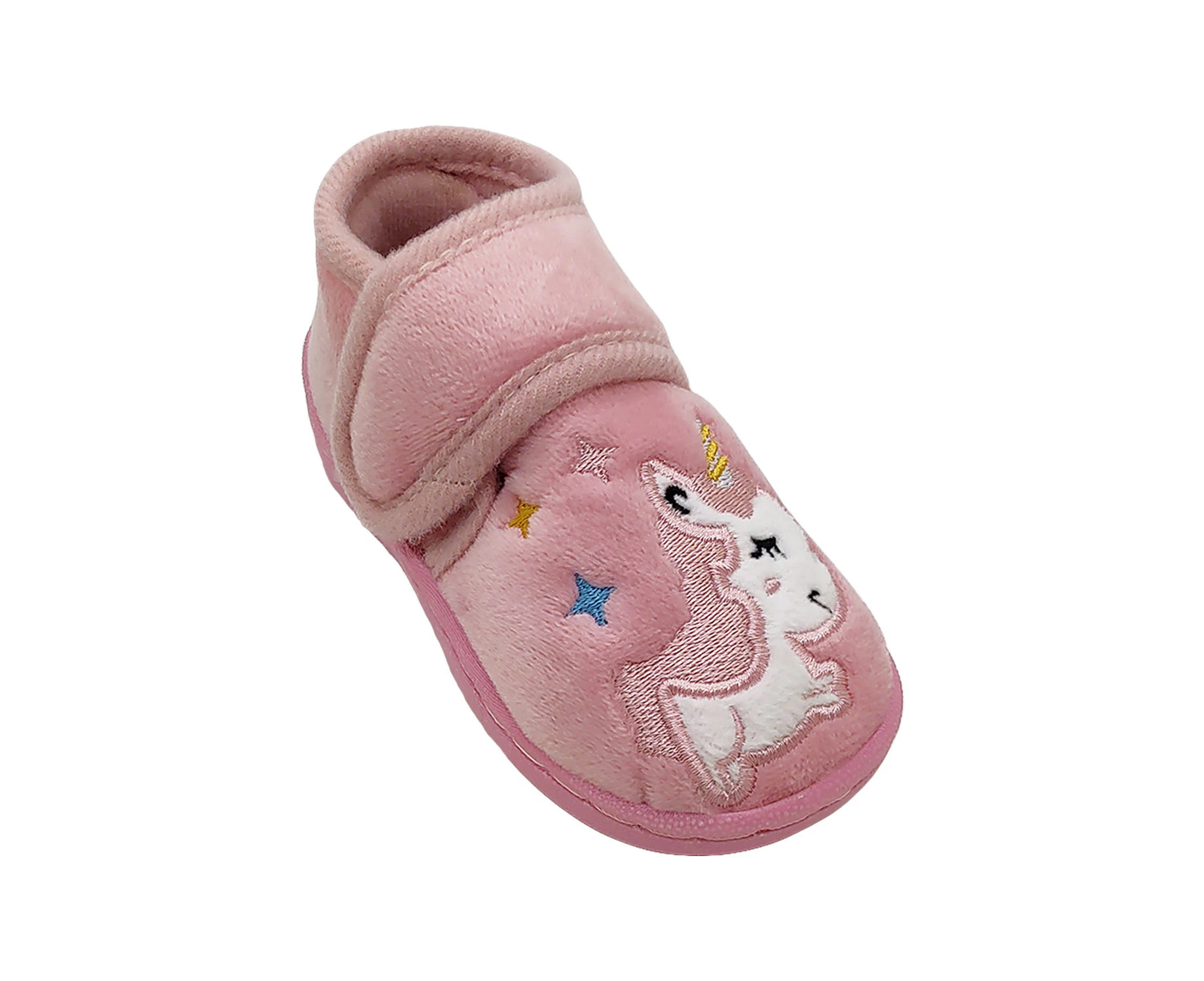 Surefit Unicorn Little Girls Toddler Slippers Velour Upper Tab Adjust Embroidered - Pink