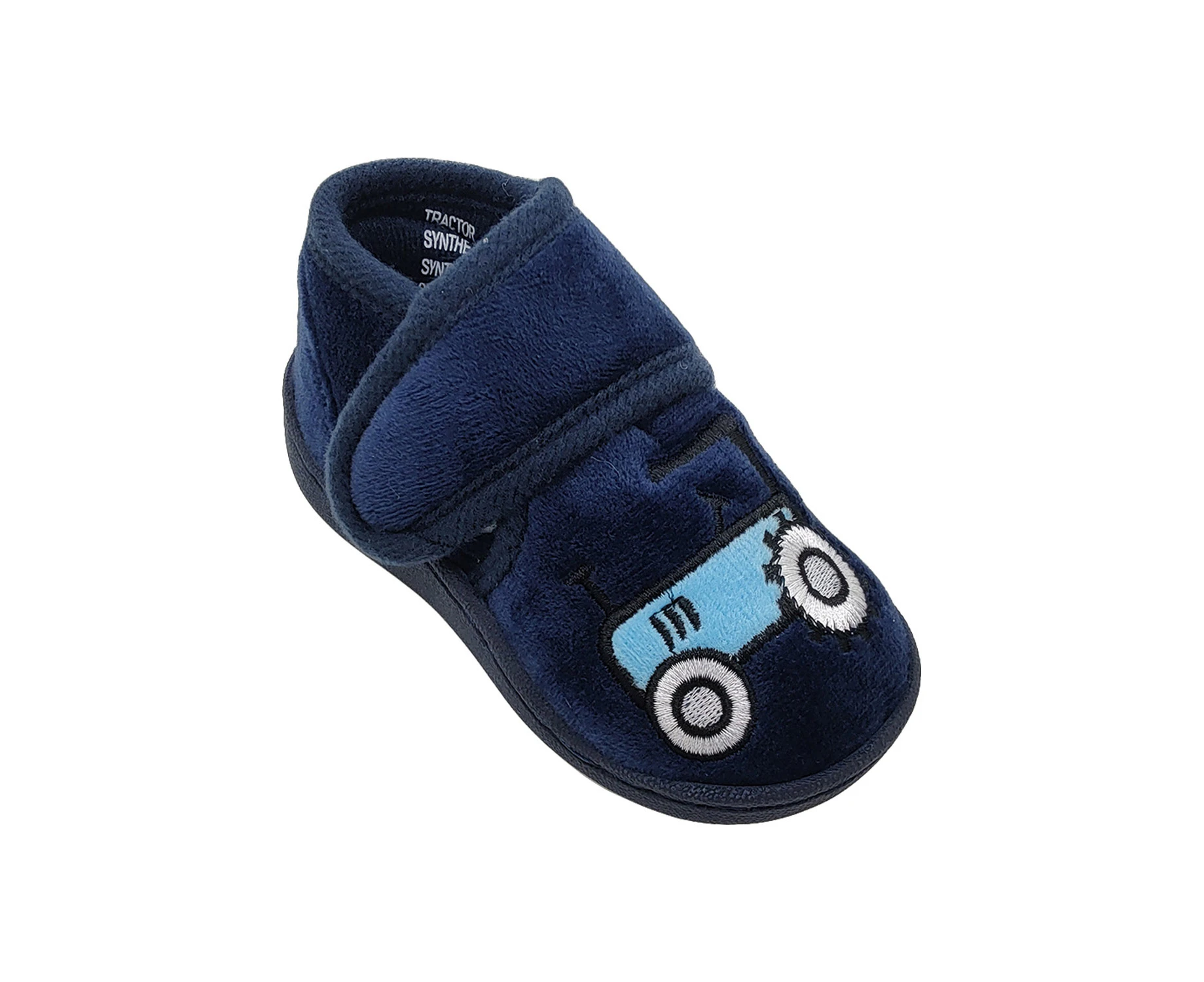 Surefit Tractor Little Boys Toddler Slippers Velour Upper Tab Adjust Embroidered - Navy