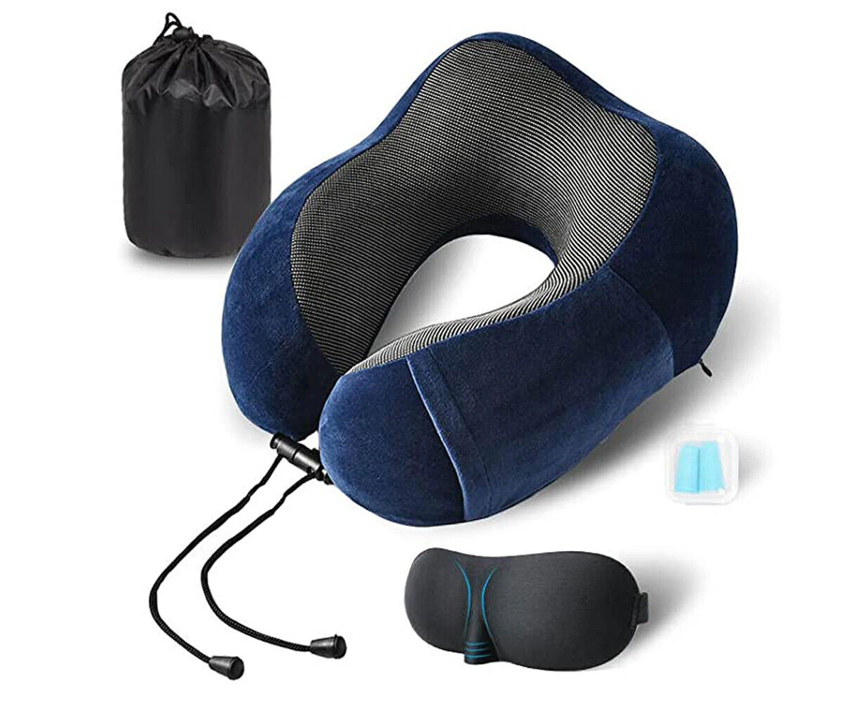 Memory Foam Travel Pillow Neck Support Pillow Rebound Pad Sleeping Headrest Navy Blue