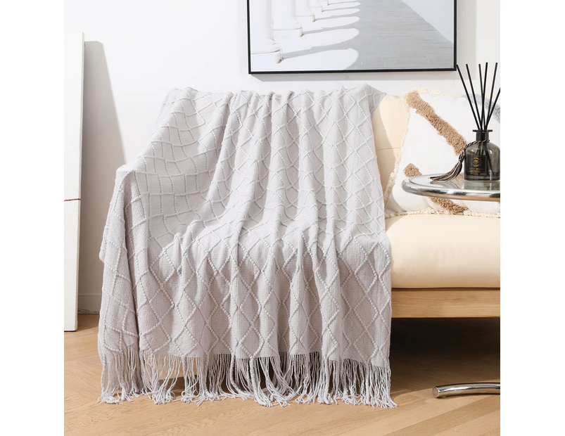 Knitted Decorative Throw Blanket for Couch Sofa Chair Bed, Soft Warm Comfy Throws Blankets Light Weight for Spring Summer Autumn - Light grey