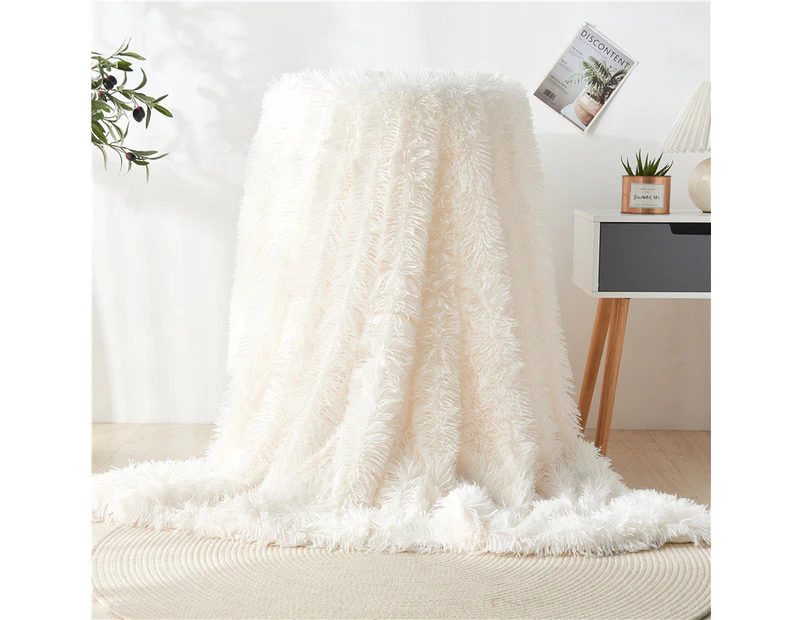 Soft Fuzzy Faux Fur Throw Blanket Shaggy Blankets, Fluffy Cozy Plush Comfy Microfiber Fleece Blankets for Couch Sofa Bedroom - Beige white