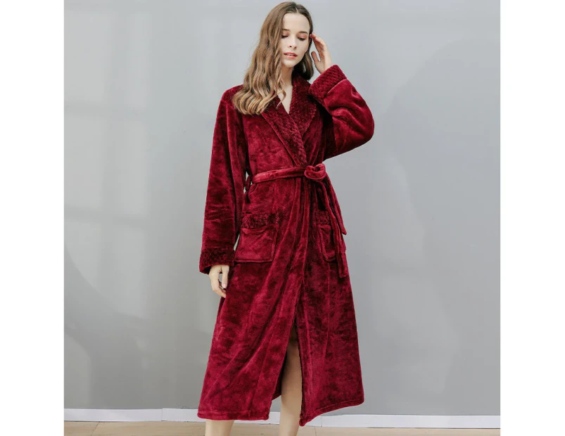 280GSM Soft Flannel Fleece Plush Robe - Full Length Long Bathrobes for Men and Women, Hug Sleep Cozy Weable Robes - Wine red for women