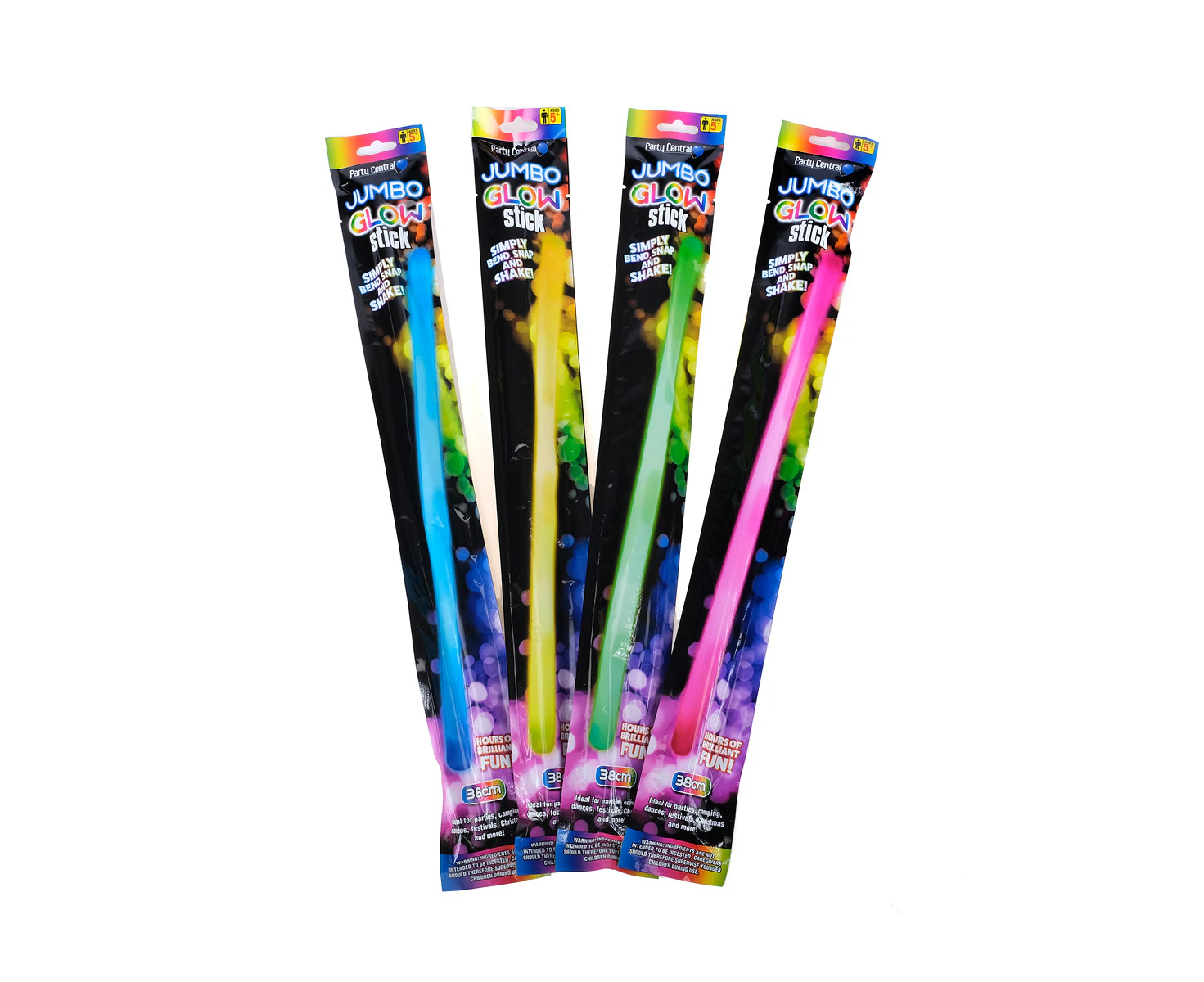 Party Central 24PCE Glow Sticks Jumbo Size Lasting Bright Neon Colours 38cm