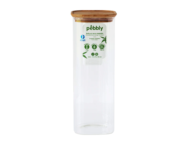 Pebbly 2.2L Square Glass Canister with Bamboo Lid Airtight Sealed Kitchen Food Storage Containers
