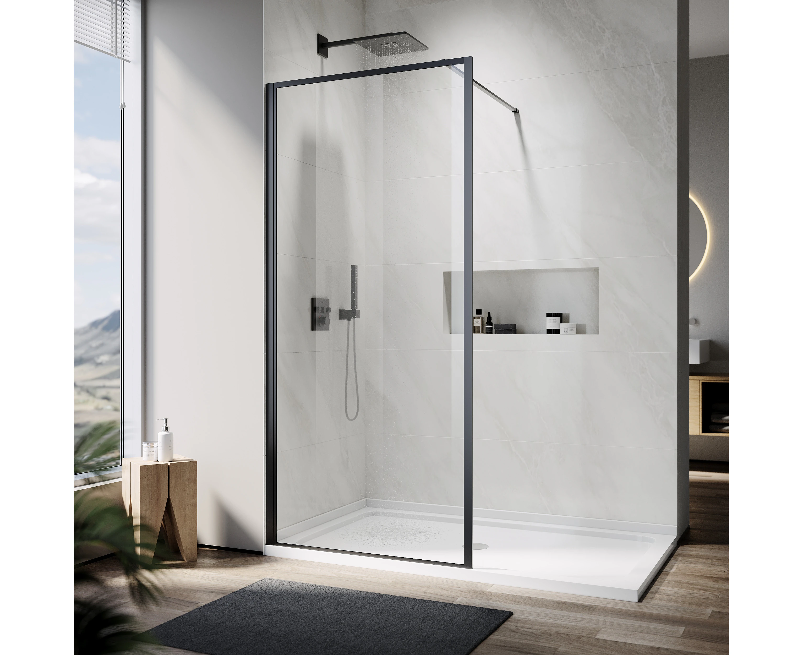 ELEGANT Black Framed Shower Screen Walk In Fixed Panel 10mm Tempered Glass Adjustable 900x1900mm