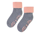 Baby Warm Socks with Grips | Steven | Breathable Lightweight Cute Design Non-Slip Socks | Waves/Paws/Twirls/Hearts Patterns - Grey / Peach - Grey / Peach