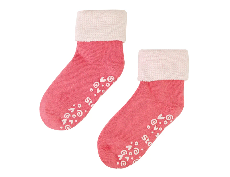 Baby Warm Socks with Grips | Steven | Breathable Lightweight Cute Design Non-Slip Socks | Waves/Paws/Twirls/Hearts Patterns - Pink - Pink