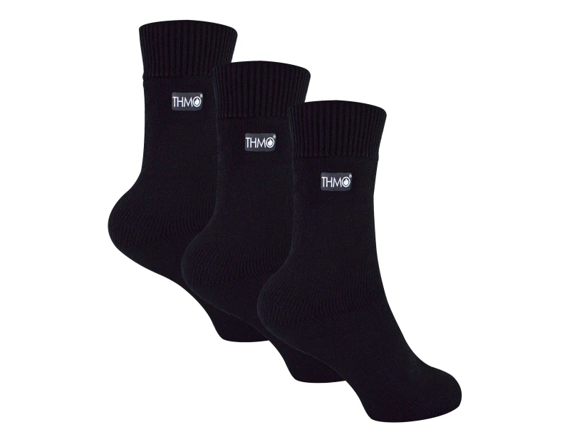 3 Pairs Multipack Kids Thermal Socks | THMO | Ribbed Soft Top Fleece Fluffy Inner Warm Socks for Boys & Girls - Black - Black