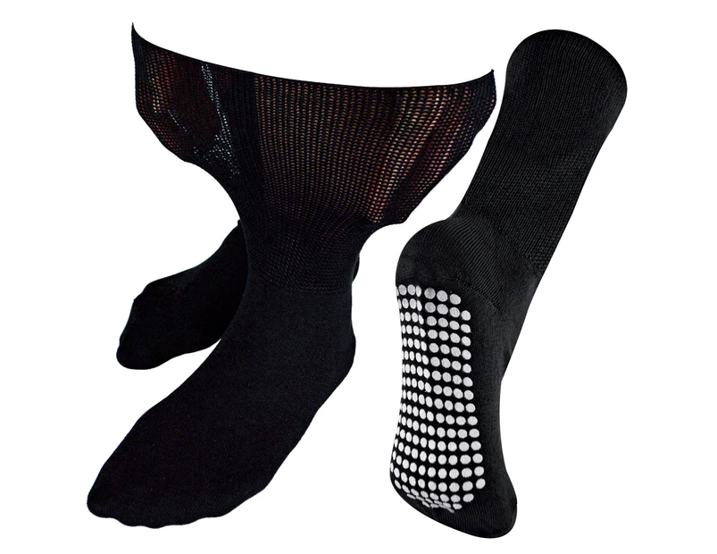 Extra Wide Oedema Socks with Non Slip Grips | Dr.Socks | Mens & Ladies | Bamboo Slipper Socks with Grippers for Swollen Legs Ankles & Feet - Black - Black