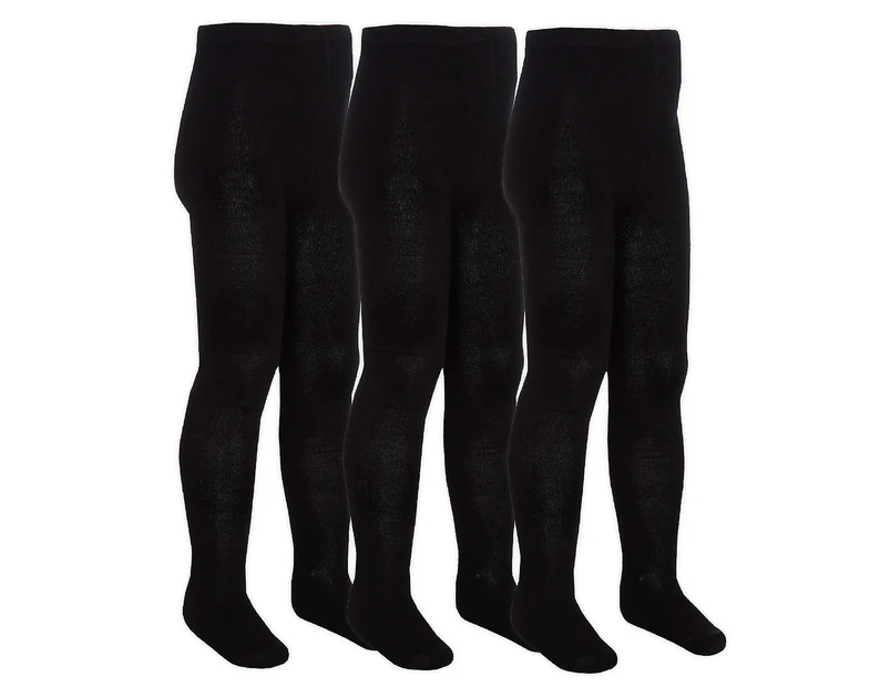 3 Pair Multipack Girls Bamboo School Tights | Sock Snob | Footed Soft Plain Pantyhose in Black, Grey, White, Navy Blue - Black - Black
