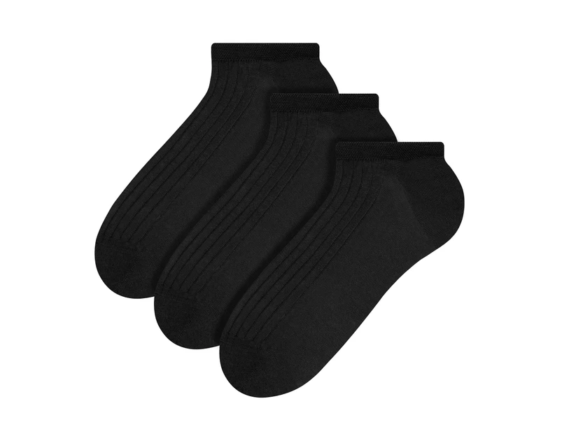 3 Pairs Multipack Men's 100% Cotton Ankle Socks | Steven | Low Cut Trainer Socks with Reinforced Heel & Toe - Black - Black